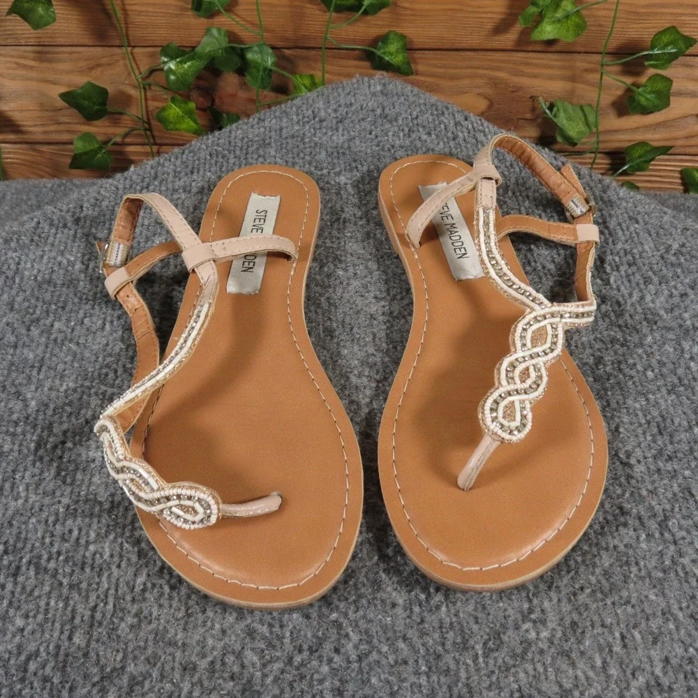 Steve Madden Pristine Womens 6.5 Nude Leather Thong Sandal Casual‎ Dressy Flat
